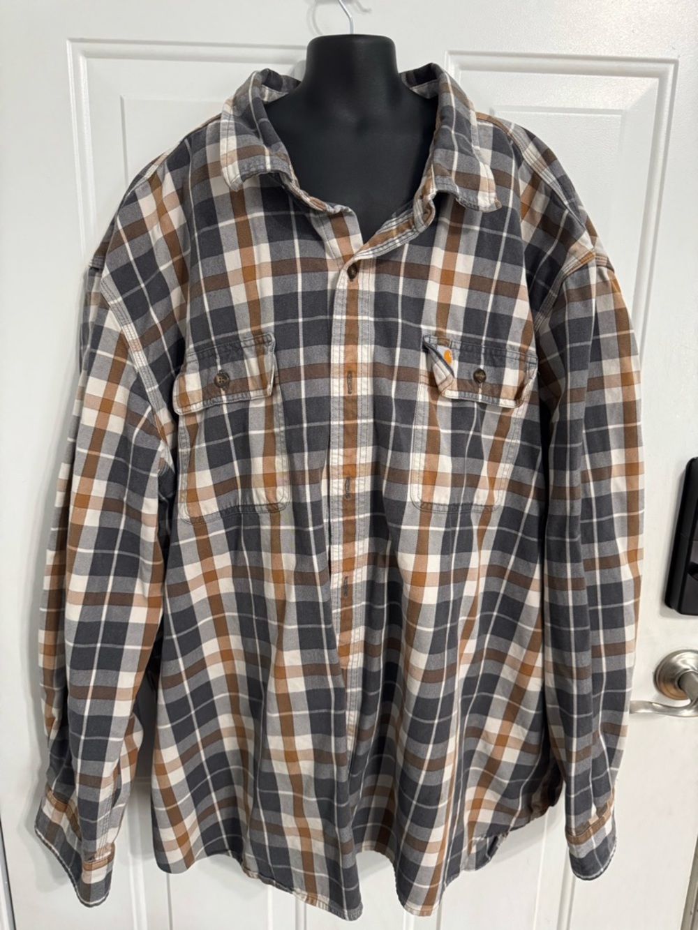 Carhartt Gray, Brown & White Plaid Flannel Shirt